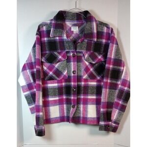 Time and Tru Black/Pink/Purple Plaid Crop Jacket Women Sz L (12-14)